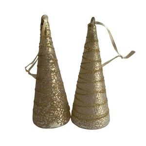 Crate + Barrel Christmas Ornaments x2 Silver + Gold Glass Trees